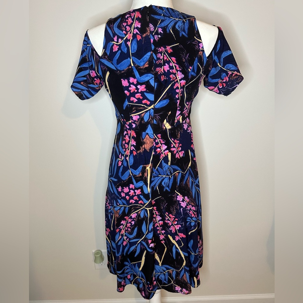 Anthropologie Maeve Elia Dress Sz 2 Black Blue Floral Cold Shoulder Midi#893 - Picture 6 of 12